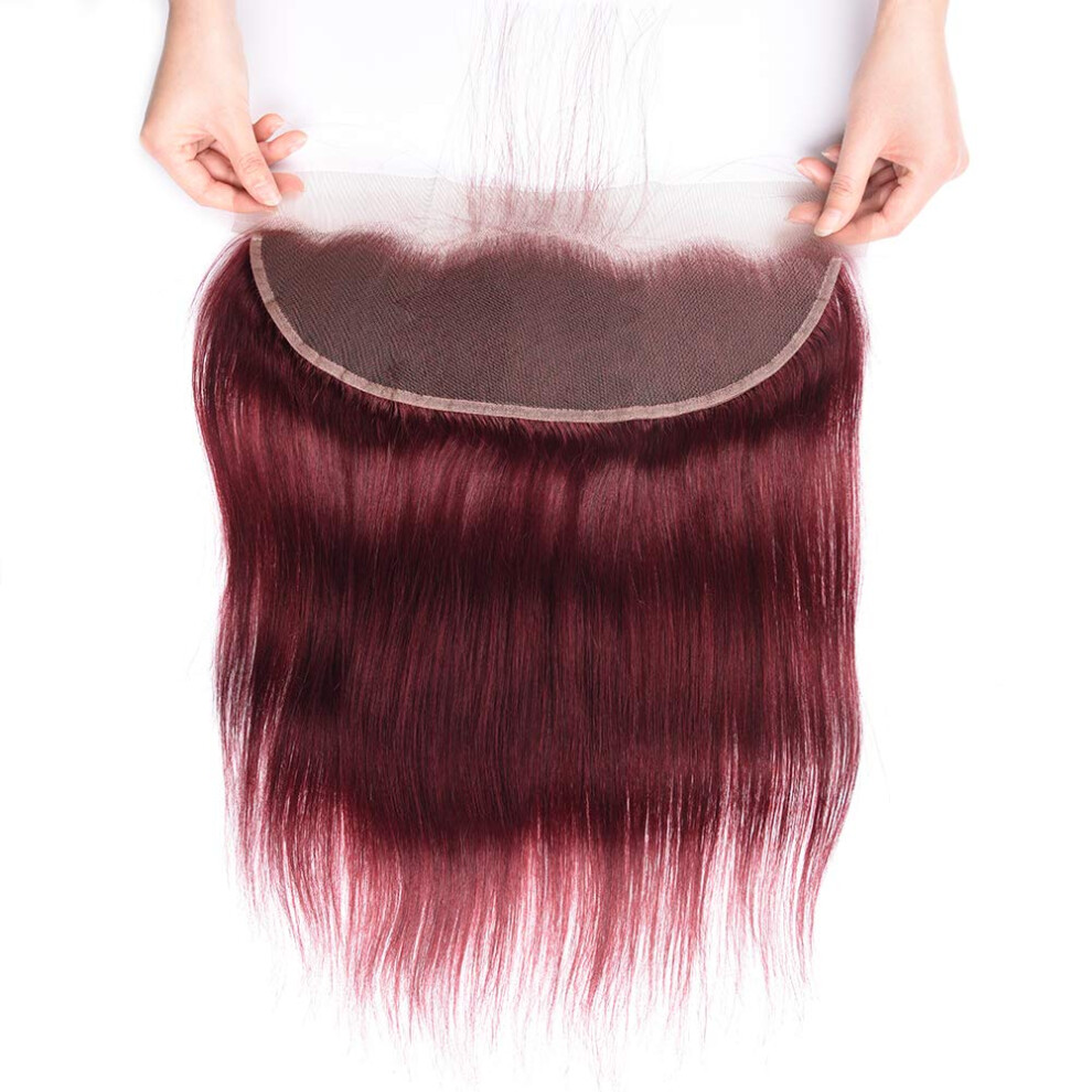 Unisex Red 99J Burgundy 13X4 Lace Frontal Closure Human Hair Pre Plucked Baby Hair Natural Hairline 14 Inch