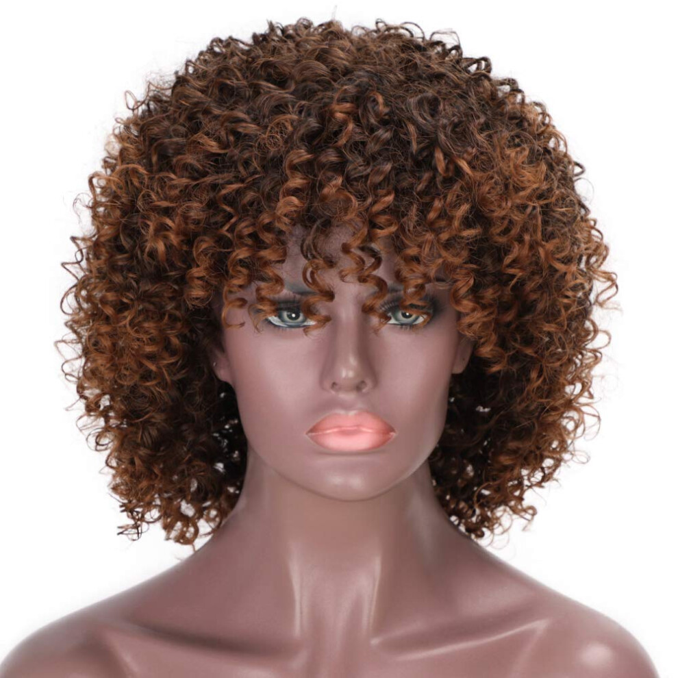 Unisex Brown Afro Curly Wig With Bangs Short Kinky Curls Mixed And Blonde Heat Resistant Synthetic Hair