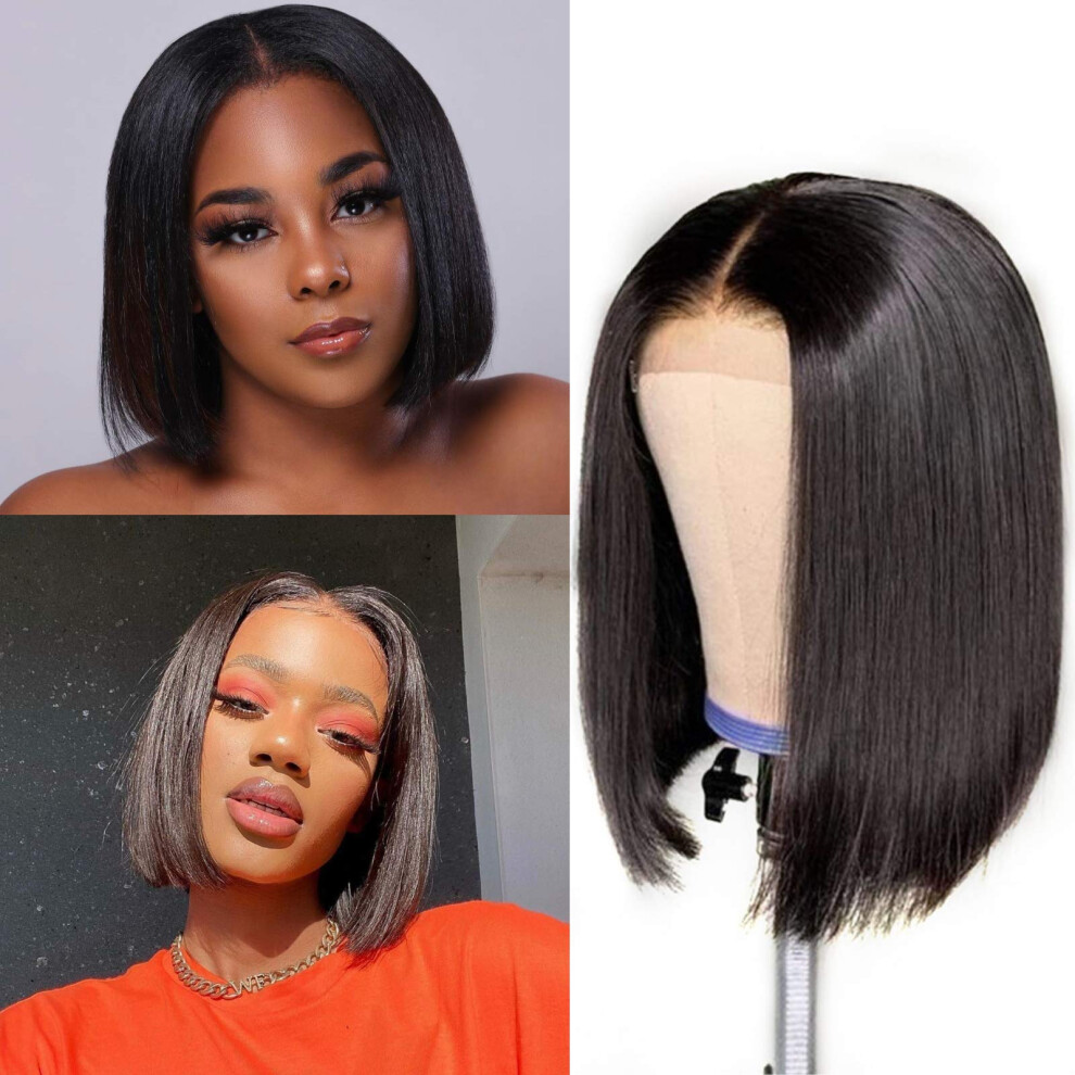 Unisex Black Bob Wig Human Hair 10 Inch Brazilian Virgin Straight 4X4 Lace Front Pre Plucked Natural Hairline
