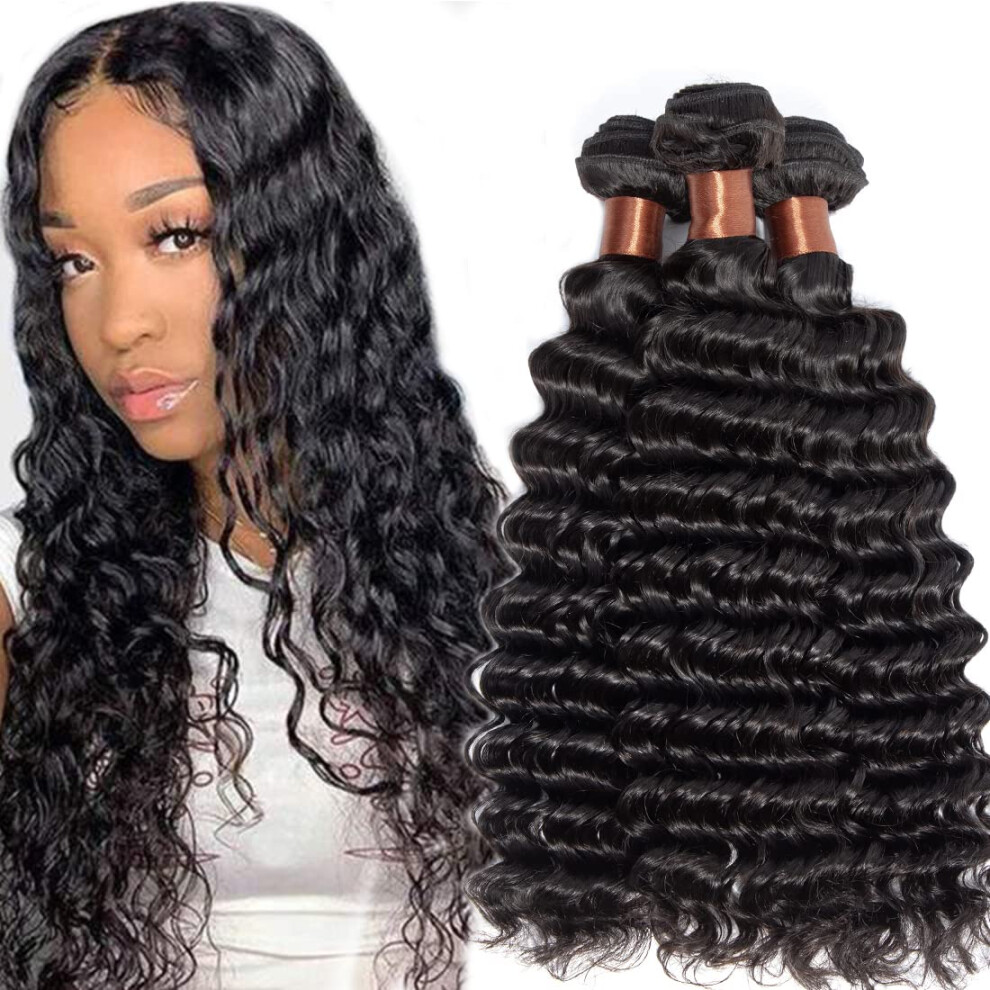 Unisex Black Peruvian Virgin Hair Deep Wave Extensions 3 Bundles 22 Inch Natural No Shedding Tangle