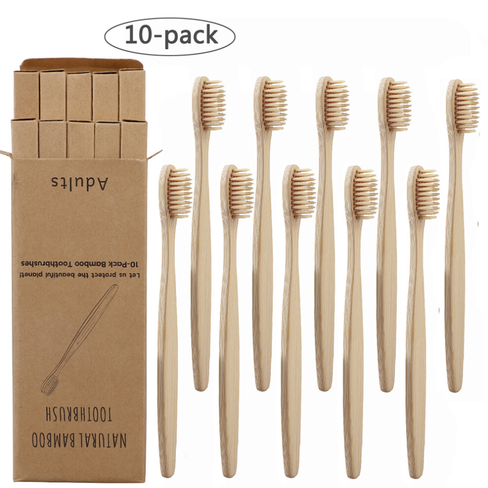 Beige/Yellow 10Pcs Soft Bristle Bamboo Toothbrushes Set, 17Cm, &