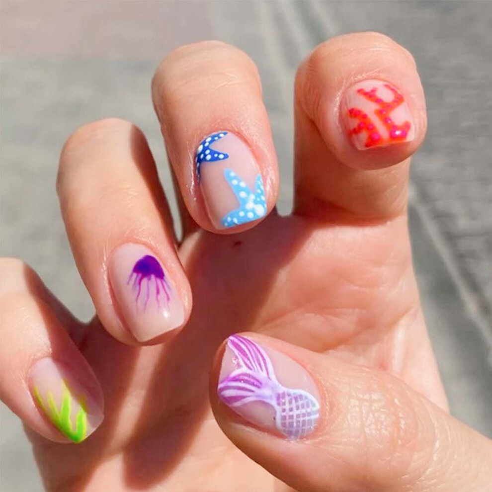 Short Square Press On Nails Reusable Acrylic Fake Nails Glossy Summer Starfish Design 24Pcs