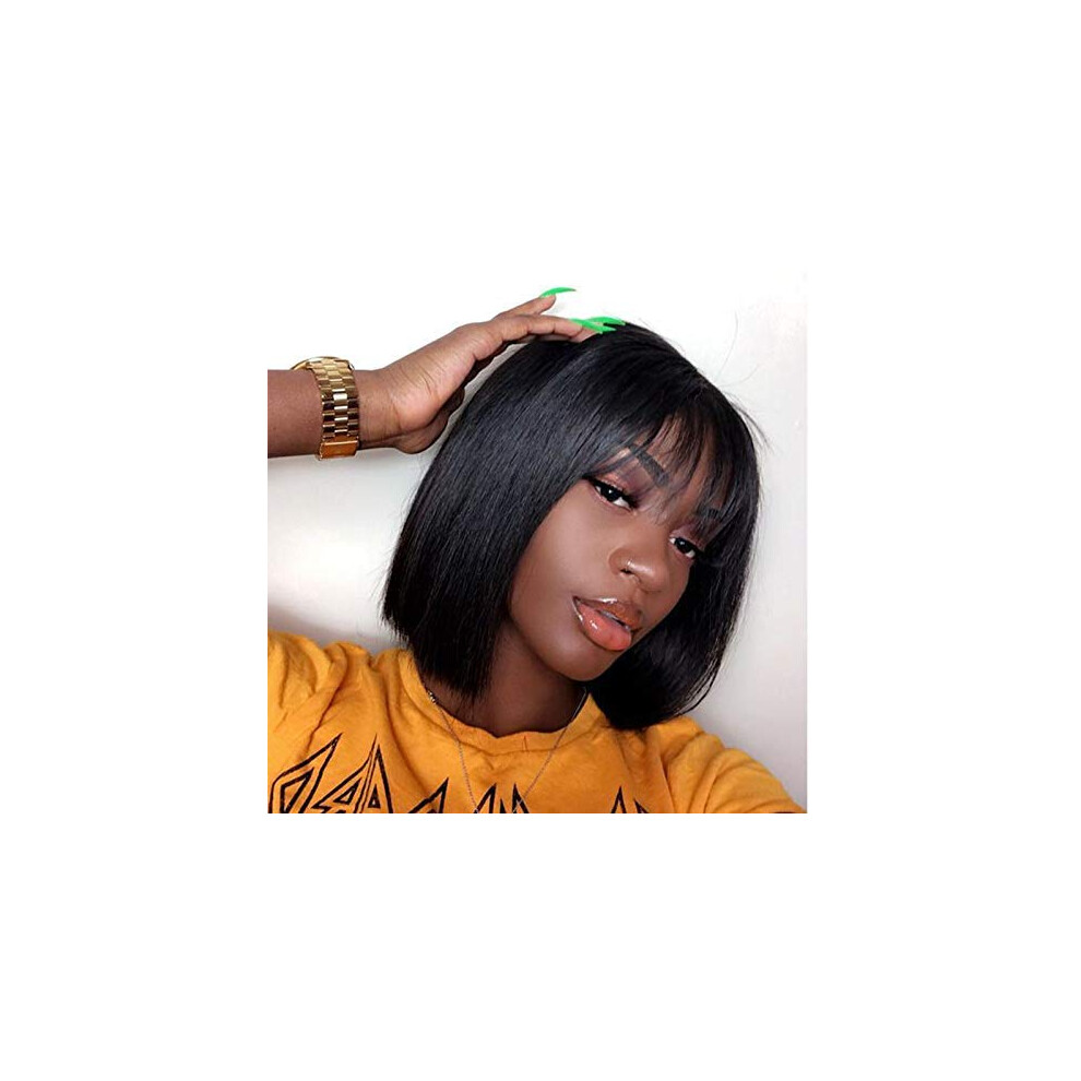 Unisex Black Brazilian Human Hair Bob Wig With Bangs 1B 12 Inch Yaki Straight Glueless Preplucked