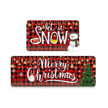 Christmas Kitchen Rugs Set of 2, Non-Slip & Anti-Fatigue, Red Buffalo Plaid Holiday Mats, Merry Christmas Decorations Indoor Decor