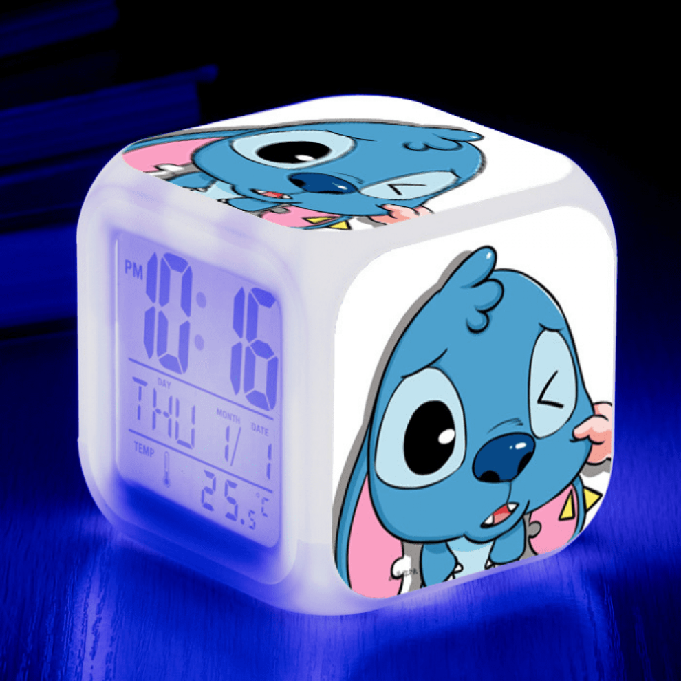 Hanntaoo Digital Alarm Clock For Kids, Cartoon Stitch Pattern 7 Color Led Wake-Up With Thermometer & Night Gift For Boys Girls A93-1821 Light