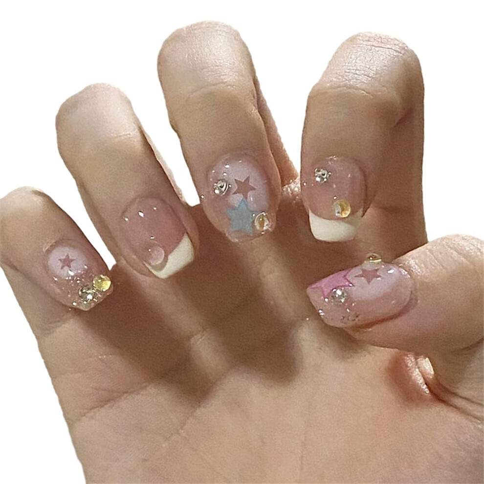Pink Gradient Press On Nails 24Pcs Ballerina Fake Nails With Glitter Sequins Reusable Full Cover
