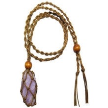 Collar de kunzita natural, colgante de piedra preciosa curativa con cuerda marrón, piedra de la suerte y el amor hecha a mano para hombres y mujeres.