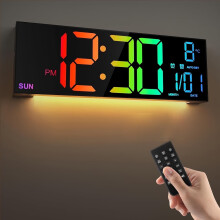 Grote wandwekker met scherm | Dubbel alarm | 8 RGB-kleuren | Temperatuurweergave | Automatische helderheid | 12/24-uurs tijdweergave |