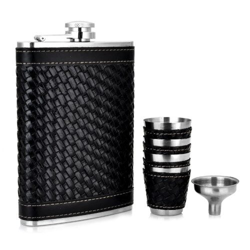 6 -Piece Black Leather Wrap Stainless Steel Hip Flask Set 1