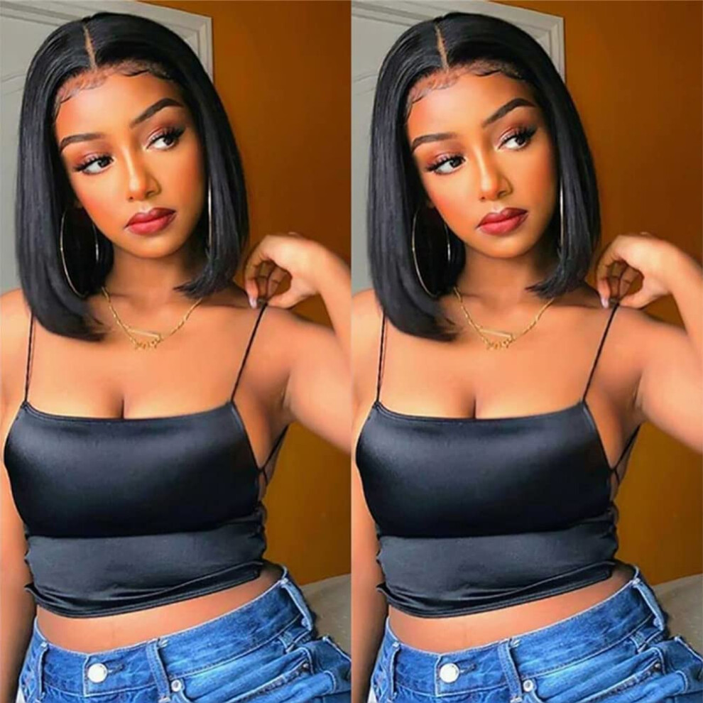 HD Lace Front Wig 13x4 Transparent Brazilian Straight Human Hair, Pre Plucked Bob 8inch 180 Density