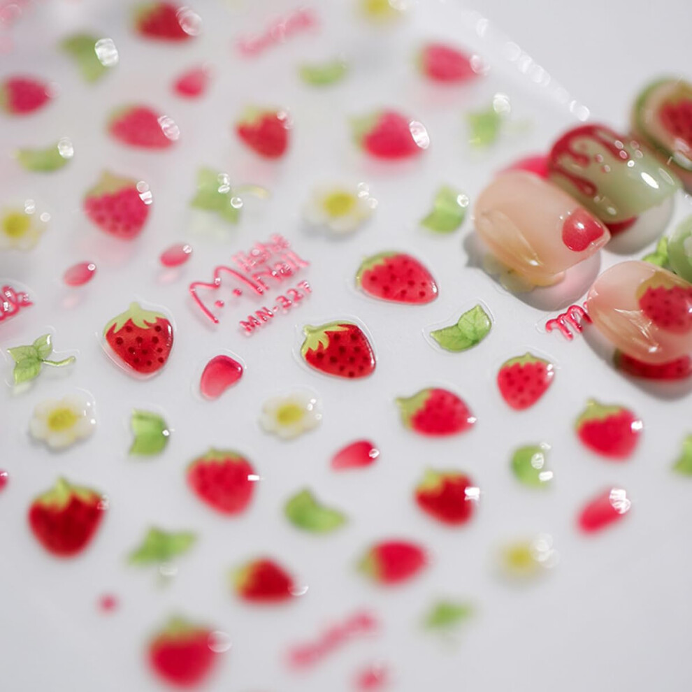 5D Nail Art Stickers Embossed Strawberry and Flower Decals Self Adhesive Summer Manicure Designs