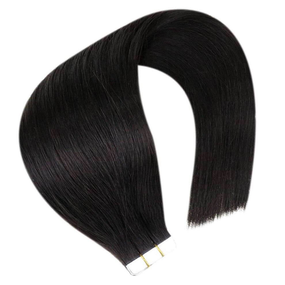Unisex Black 12 Inch Invisible Tape In Remy Human Hair Extensions Seamless Natural Blend For Women