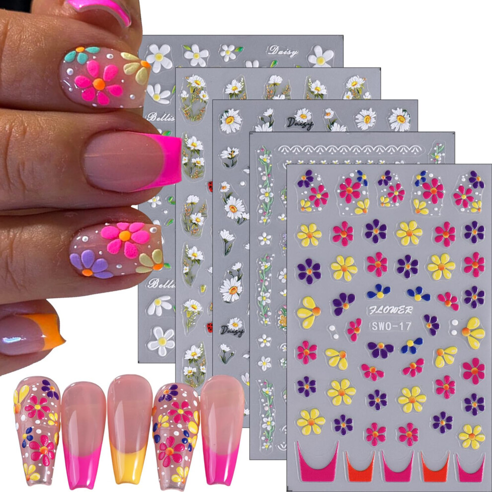Red/Yellow/White 5 Sheets 5D Embossed Flower Nail Art Stickers, Selfadhesive Daisy Nail Decals For Summer Manicure