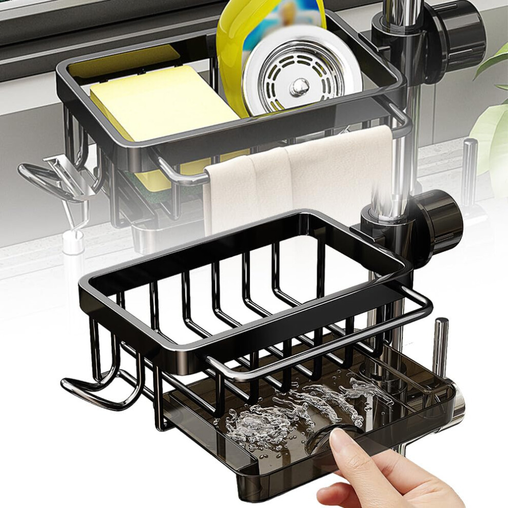Kitchen Sink Faucet Organizer, Adjustable Over Faucet Sponge Holder With Drain Pan, Black Left 9450606510518