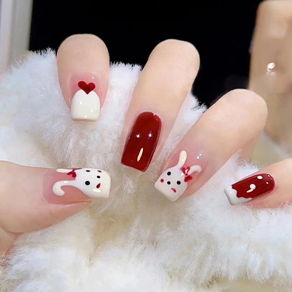 Red Easter Press On Nails Medium Square Glossy Fake Nails With Bunny Designs, 24Pcs Reusable Kit