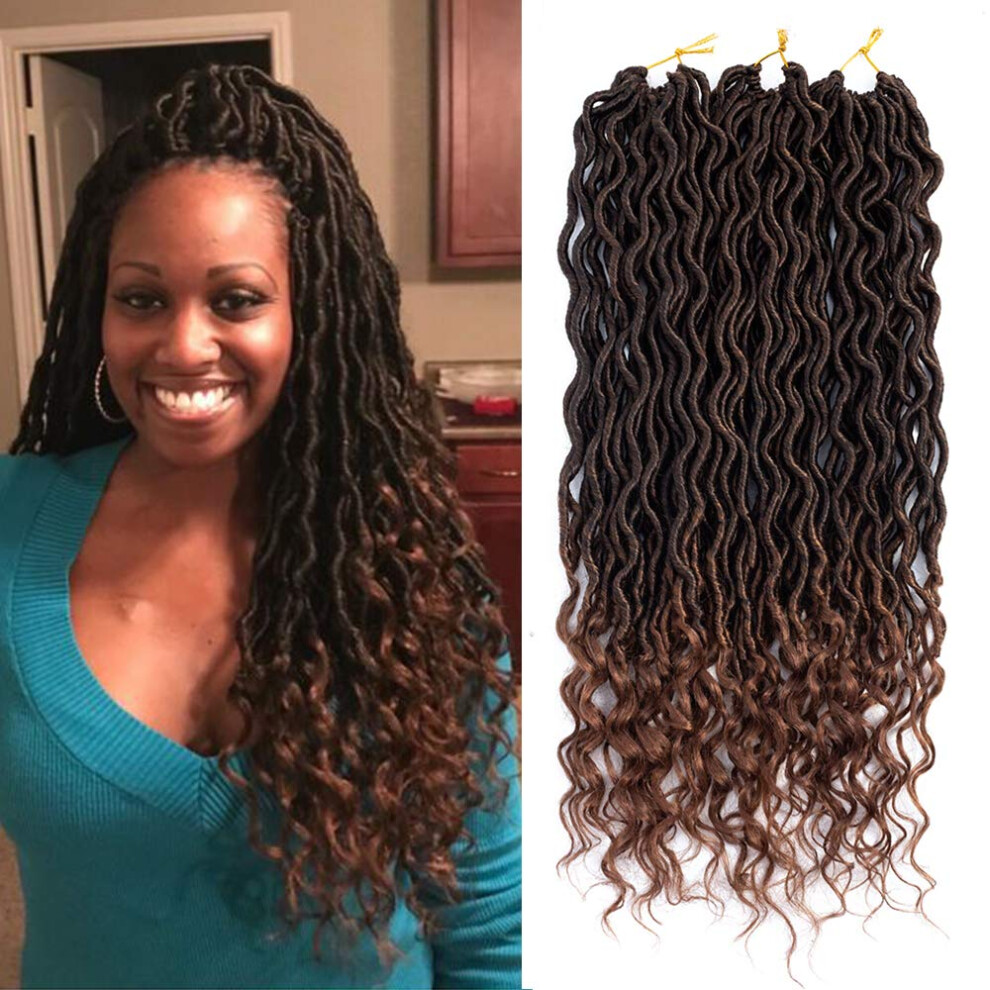 Unisex 20 Inch Ombre Goddess Locs Crochet Hair Extensions, Wavy Faux Locs With Curly Ends 1B30#