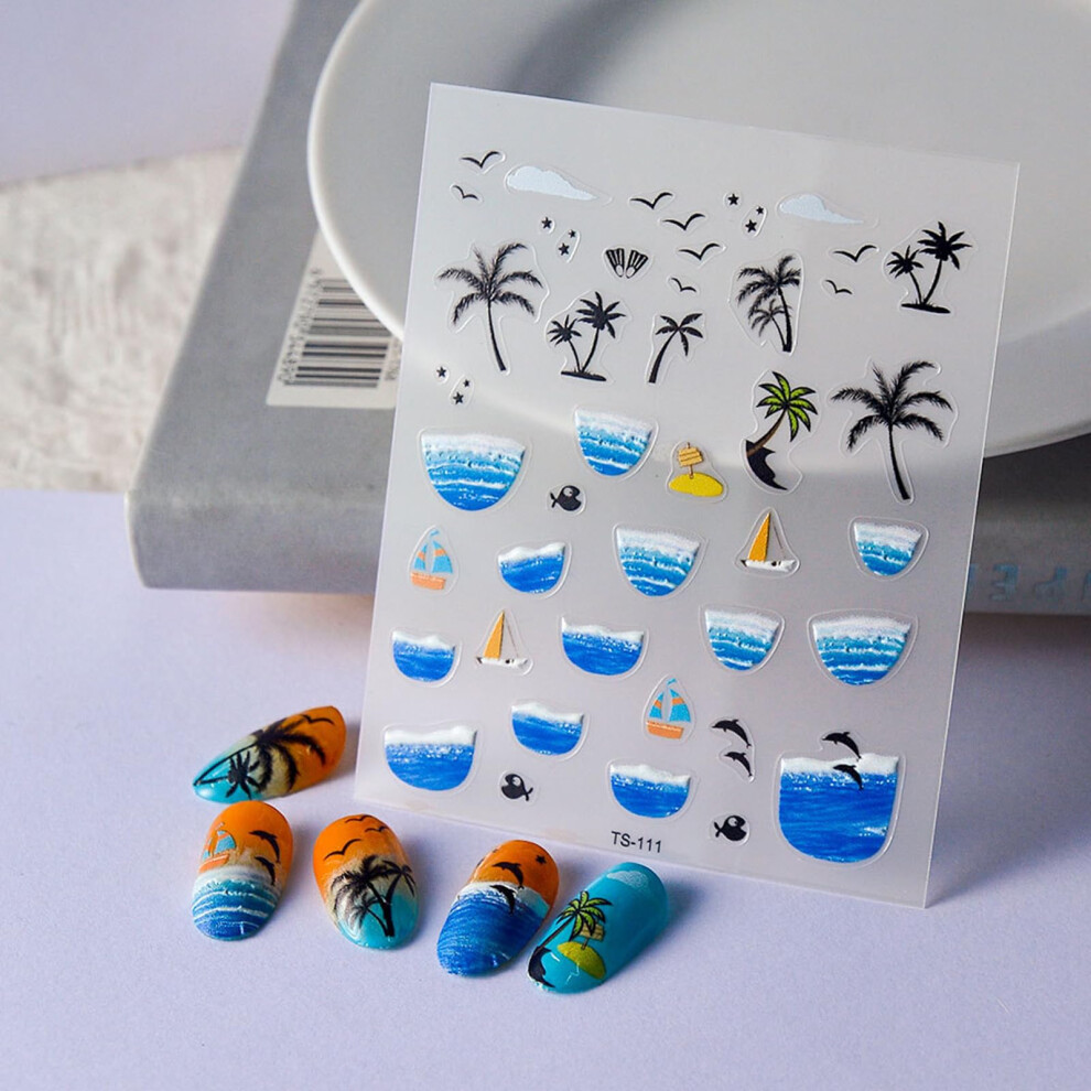5D Embossed Palm Tree Nail Art Stickers with Beach Ocean Designs Summer Sea Wave Decals for Nails