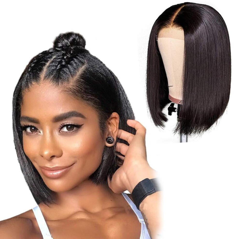Unisex Black Human Hair Lace Front Bob Wig 13X4 Glueless Remy Hair Pre Plucked Natural Hairline 14 Inch 1B