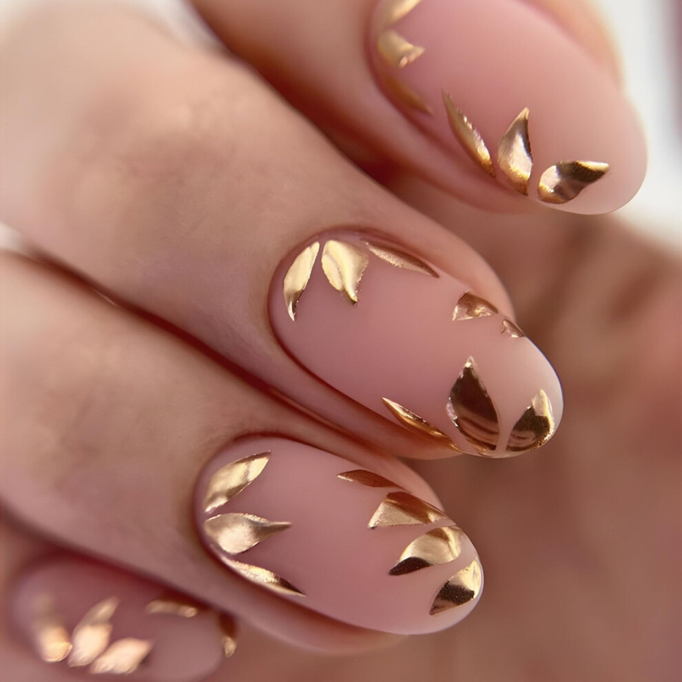 Short Oval Nude Matte Press On Nails with Gold Leaf French Design, Reusable Fake Nails Kit