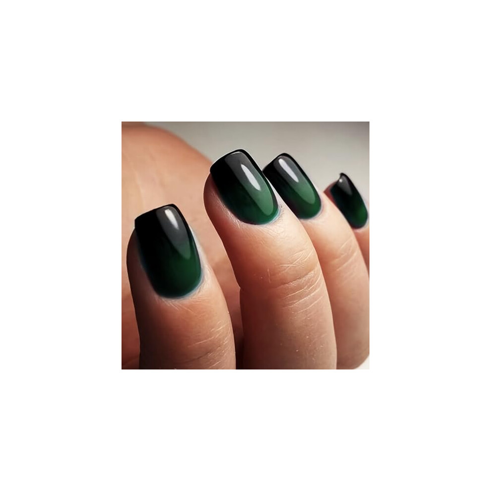 Green,Black Short Square Press On Nails Glossy Green Black Gradient Fake Nails Reusable Acrylic 24Pcs