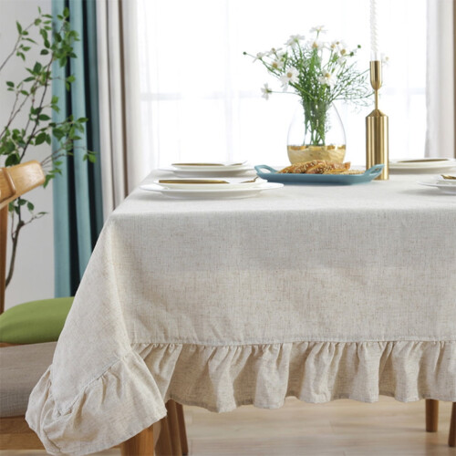 HGYCPP Rustic Vintage Flounces Ruffle Trim Tablecloth Washable Cotton Linen Table Cover 2