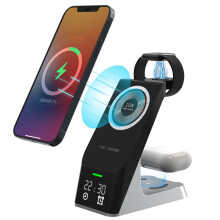 Carregador sem fio portátil 6 em 1, estação de carregamento rápido de 15 W com relógio e despertador, compatível com celulares, relógios de