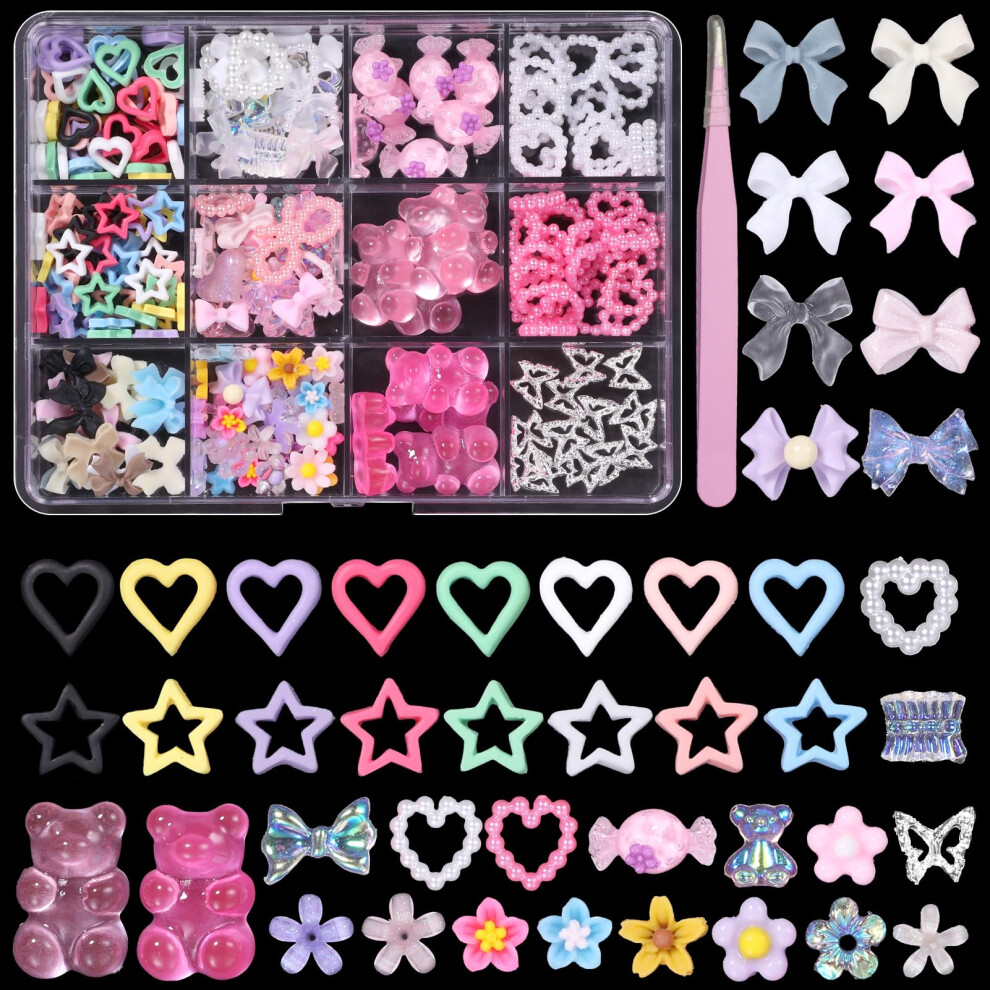 3D Nail Charms for DIY Manicure, Multiple Style Assorted Nail Art Decorations with 12Grid Box