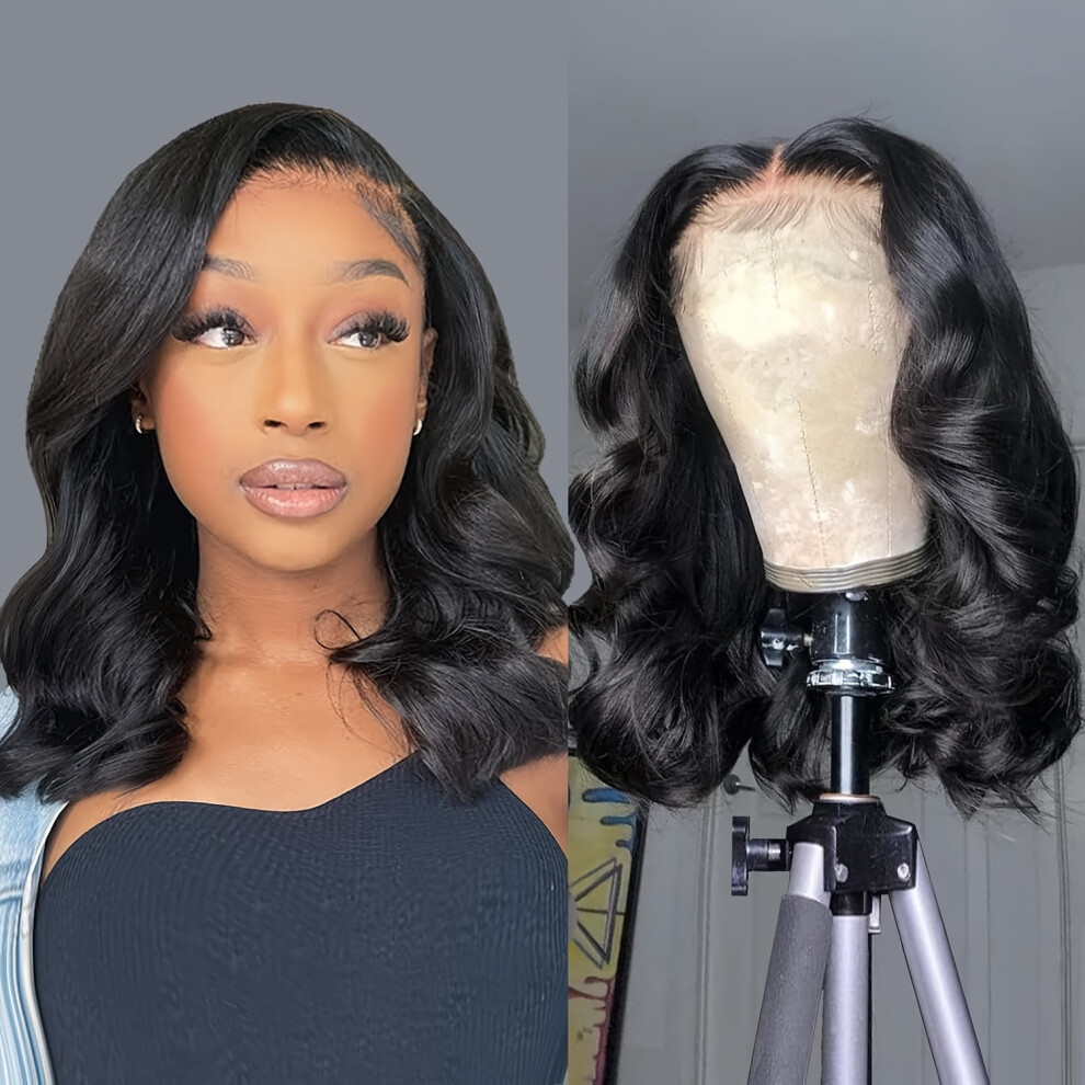Unisex Bob Wig Human Hair 13X4 Frontal Lace 14" Body Wave 180% Density Hd Lace, Pre Plucked, Glueless, Compatible With Bob Style