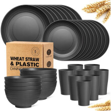 32-Piece Plastic Wheat Straw Dinnerware Set, Service for 8, Compatible with Modern Kitchen, Unbreakable Plates, Bowls, Cups, Black