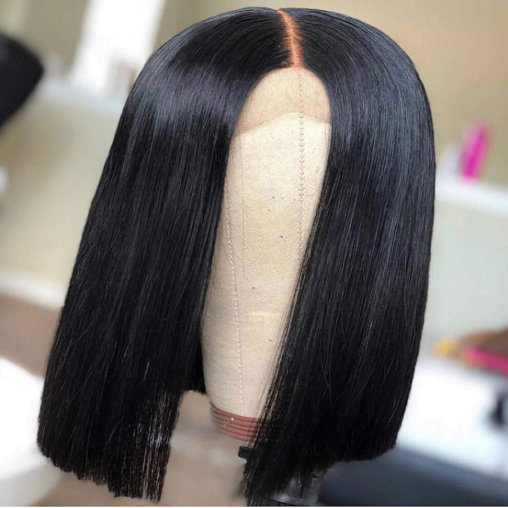 Unisex Black 13X6 Lace Front Wigs Human Hair Bob, Pre Plucked Brazilian Straight, 150 Density Natural 10Inch