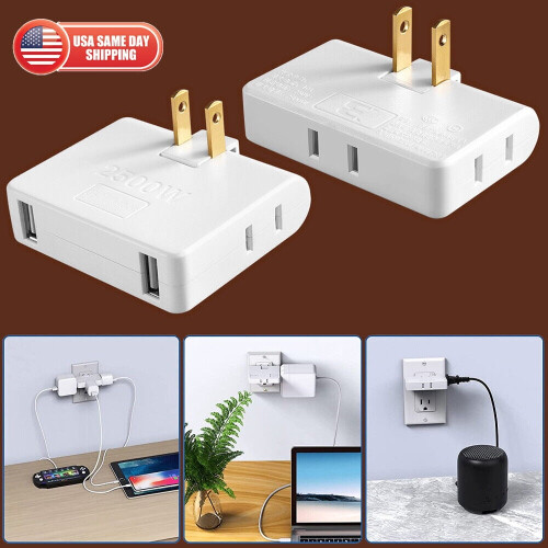 2 Prong Thin Wall Tap Power Flat Outlet Extender Plug Adapter Home School Office 1