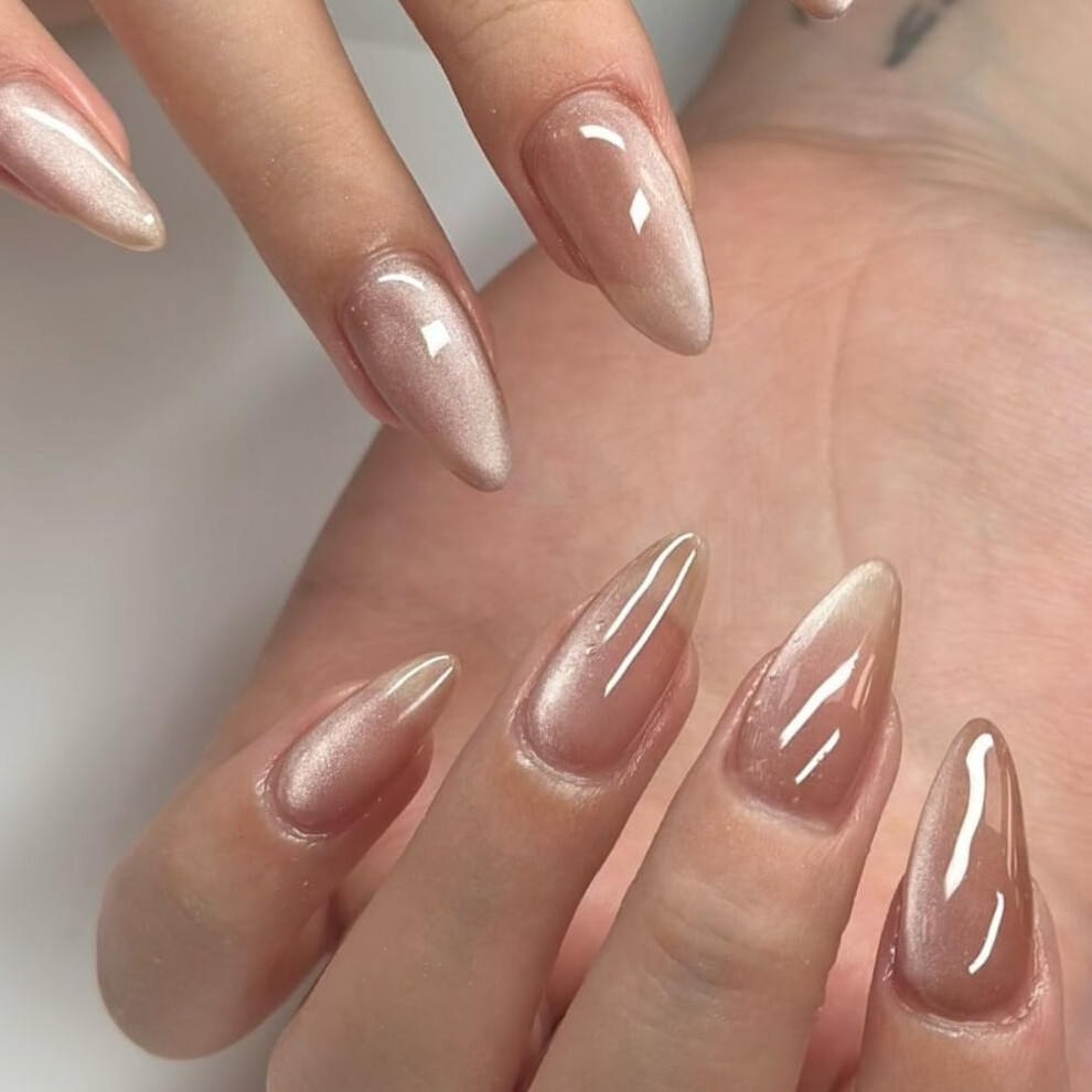 Pink,Cream Almond Nude Pink Cat Eye Glitter Press On Nails Medium Fake Nails With Salonquality Gel Finish