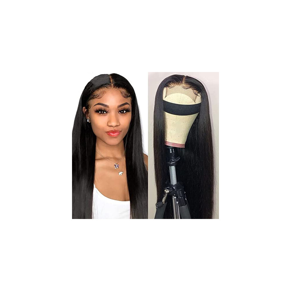 Unisex Black Straight Human Hair Lace Front Wig Pre Plucked 13X4 Frontal Natural For Women
