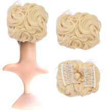 Hair Bun Extension Blonde Messy Curly Hairpiece Clip In Ponytail with Secure Double Comb Hold