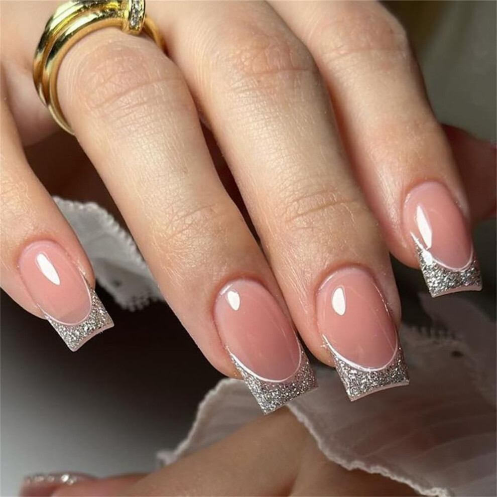 Square Short Pink Press On Fake Nails Glitter French Manicure 24pcs Durable Easy Apply