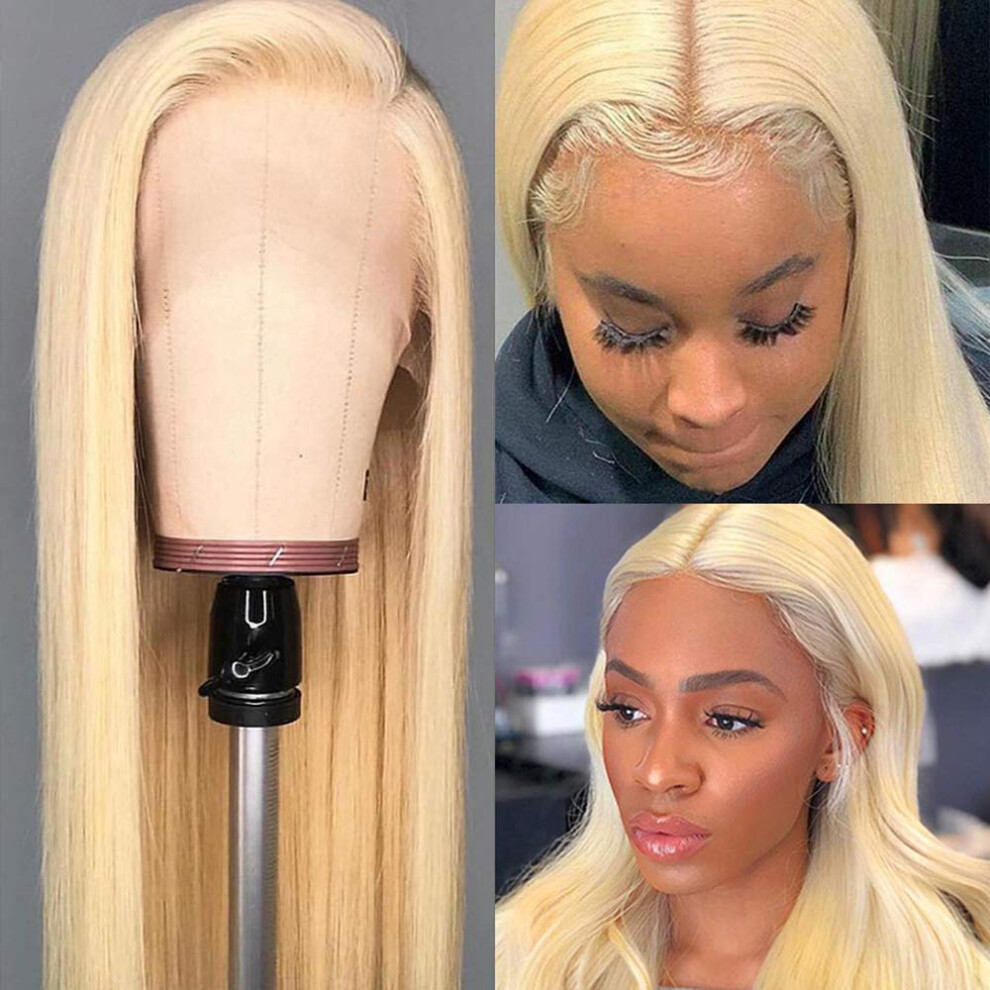 Unisex Blonde 613 Brazilian Human Hair Lace Front Wig 18 Inch Straight Glueless 360 Lace Frontal