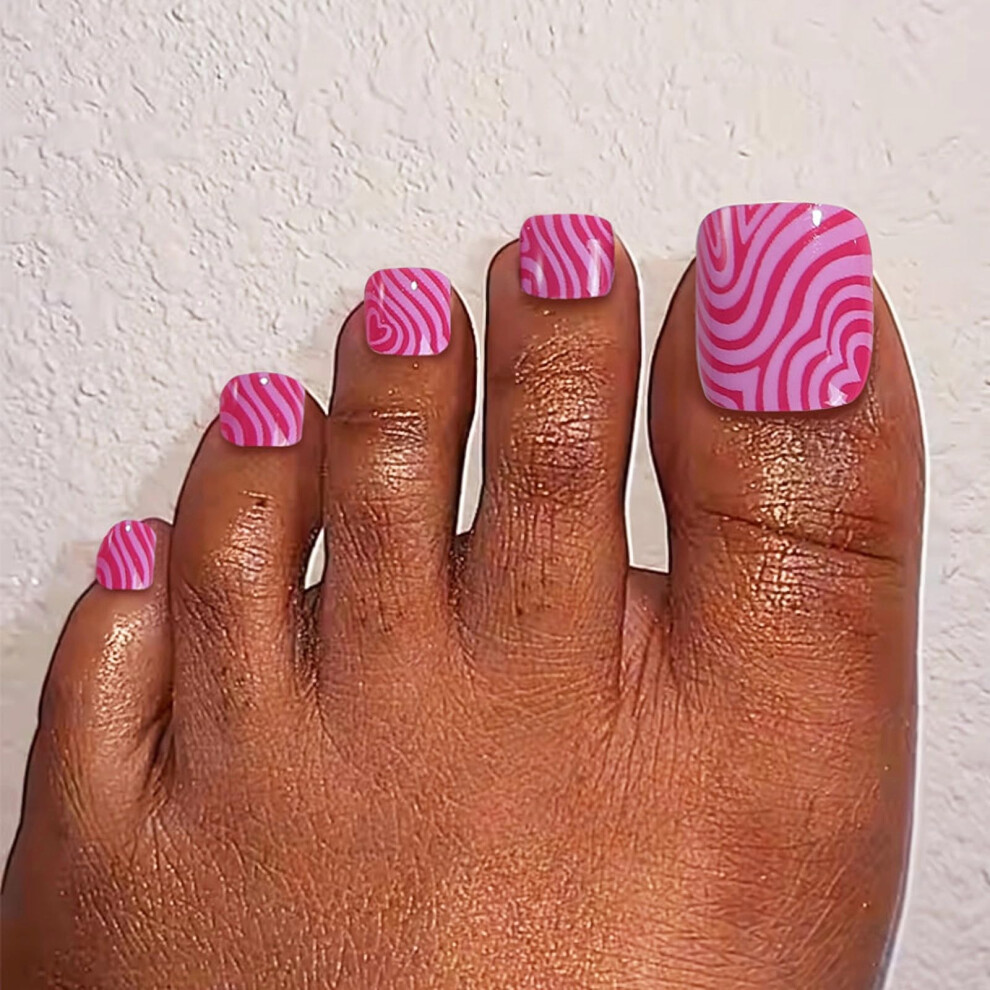 Hot Pink Acrylic Press On Toenails with Glue, Summer Design Fake Nails, Instant Salon Look, 24pcs