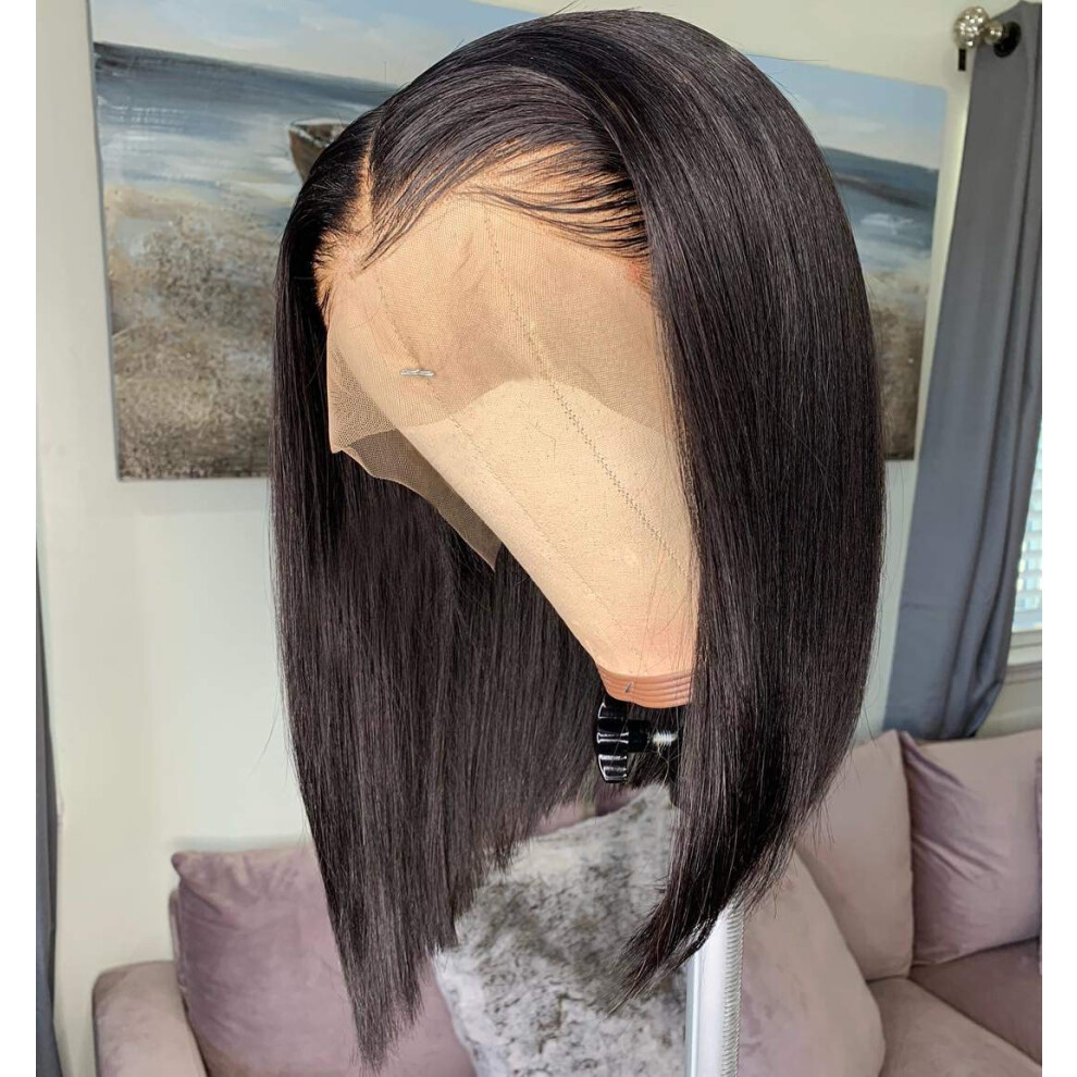 Unisex 13X6 Lace Front Human Hair Bob Wig 10 Inch Pre Plucked Brazilian Short Wig Bleached Knots 150% Density