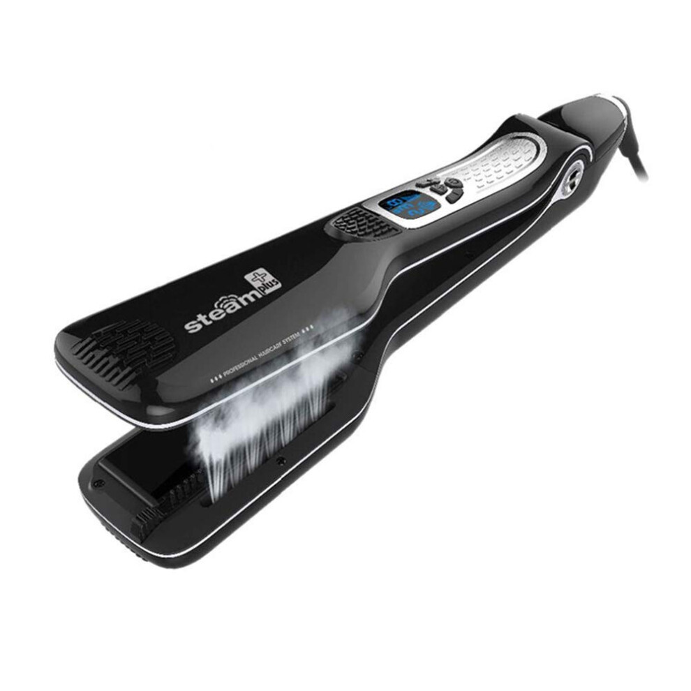 Black Professional Steam Hair Straightener Brush With Ceramic Titanium Plates, Ionized Moisture Boost,