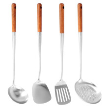 Conjunto de utensílios de cozinha: espátula wok de aço inoxidável com cabo longo, espátula vazada, colher de arroz, concha.