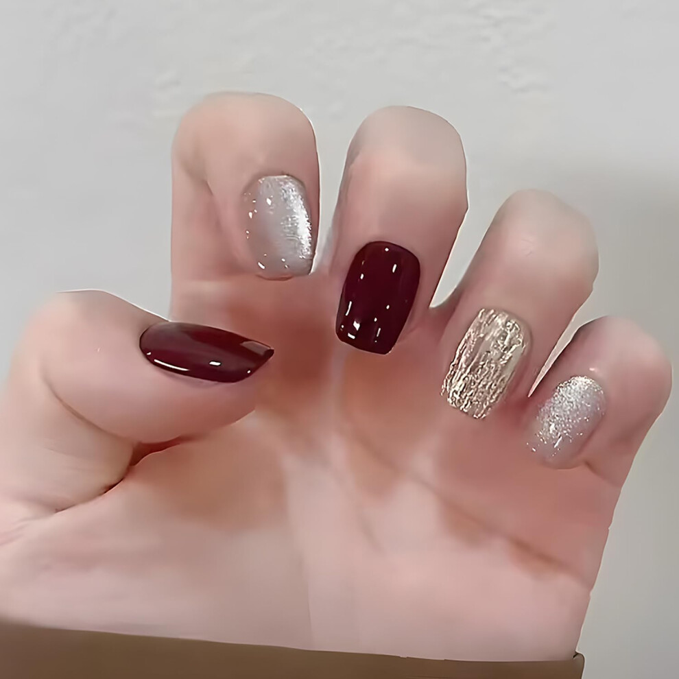 Wine Red Square Press on Nails Set Short Acrylic Fake Nails Multiple Sizes LongLasting 30pcs