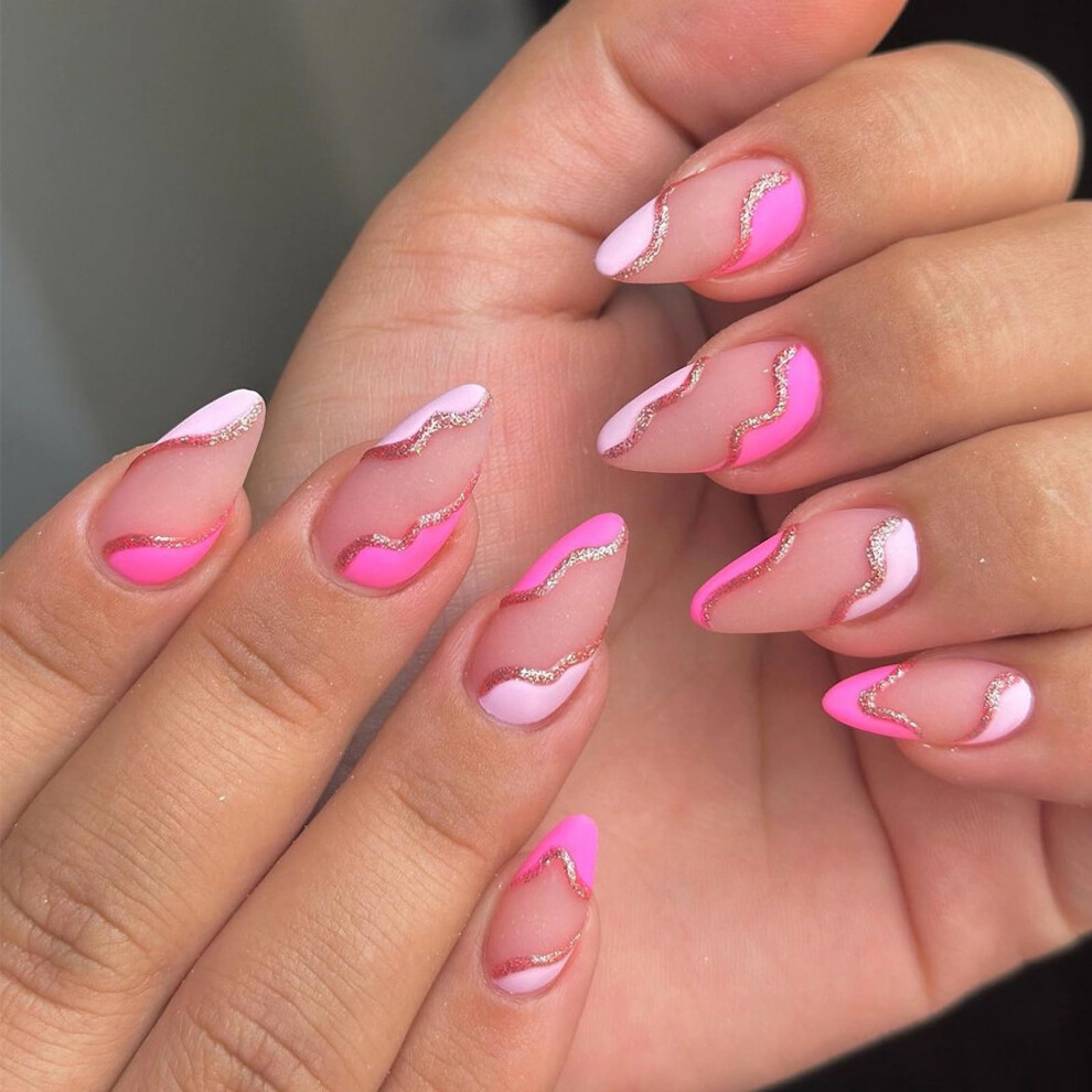 Pink French Glitter Medium Almond Press On Nails With Glue, 24Pcs Acrylic Fake Nails Set