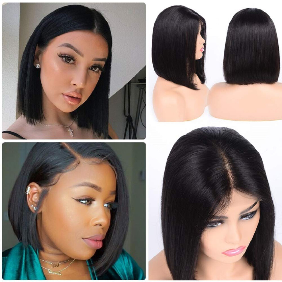 Unisex Black 13X6 Lace Front Human Hair Bob Wig Pre Plucked Brazilian Remy Short Straight Glueless 10 Inch Natural Color For Women