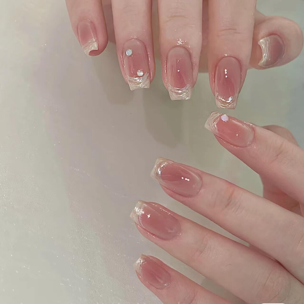 Bubble Bead False Nails French Manicure Press On Set with Powder Blusher Multiple Sizes