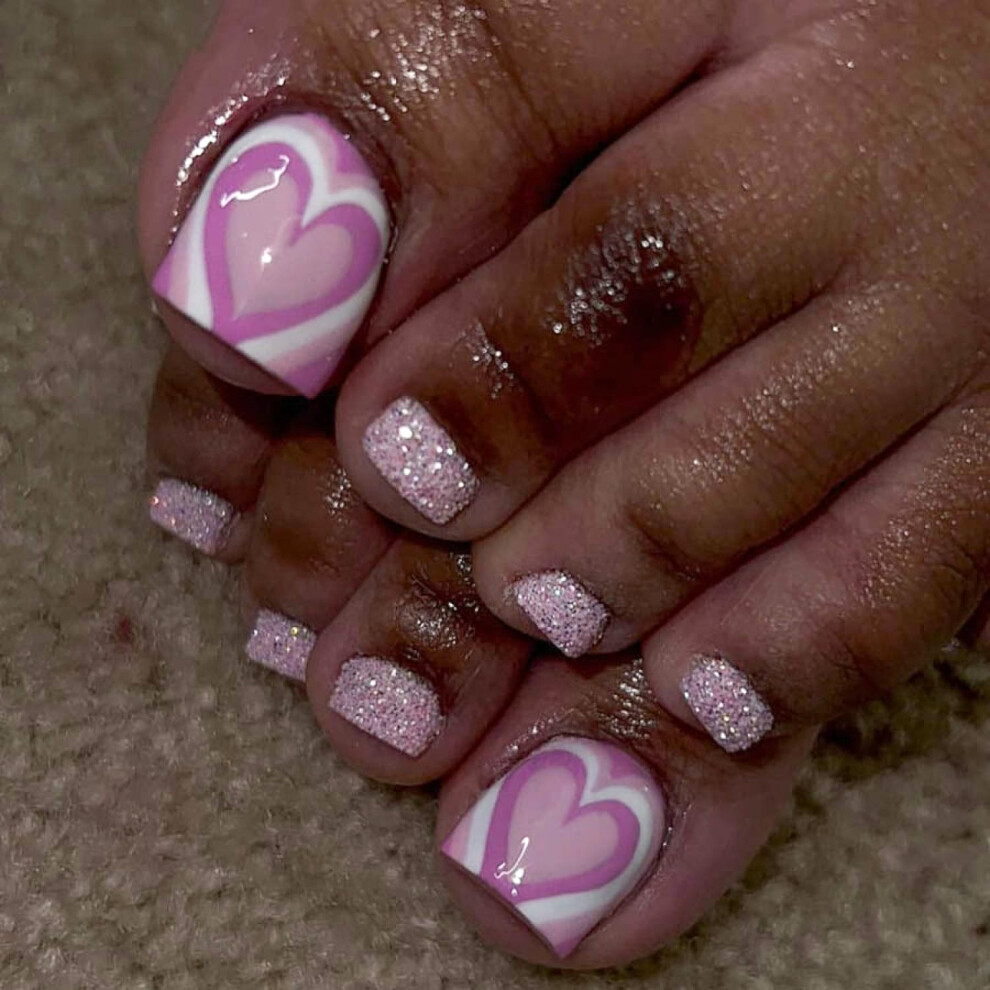 Pink Glitter Press On Toenails Short Square Ombre Fake Toe Nails Reusable For Women