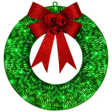 Coroană de Crăciun pre-iluminată pentru exterior, 20", decor festiv metalic cu LED-uri și 140 de lumini, fundă - auriu