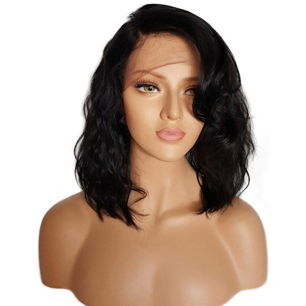 Lace Front Human Hair Wig 8 Inch Short Wavy Brazilian Virgin, 150% Density Glueless PrePlucked