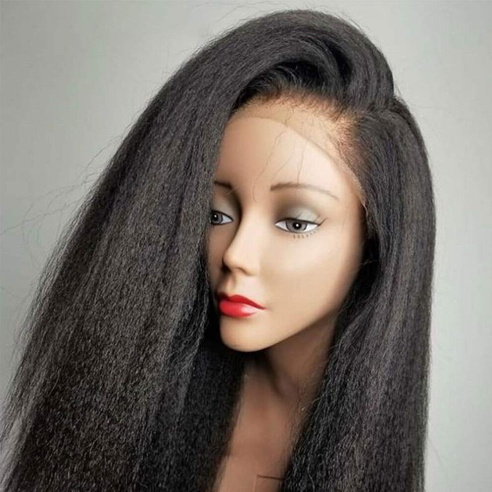 Unisex Black 13X6 Lace Front Brazilian Human Hair Wig Kinky Straight Italian Yaki Pre Plucked 1B