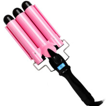 3 Barrel Curling Iron Hair Waver with LCD Temperature Control, Dual Voltage Tourmaline Ceramic, 1 Inch Pink
