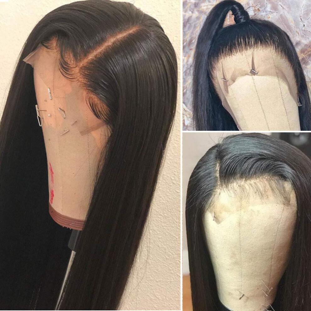 Unisex 14 Inch Human Hair Lace Front Wig Silky Straight 150% Density Natural Hairline 1B Color